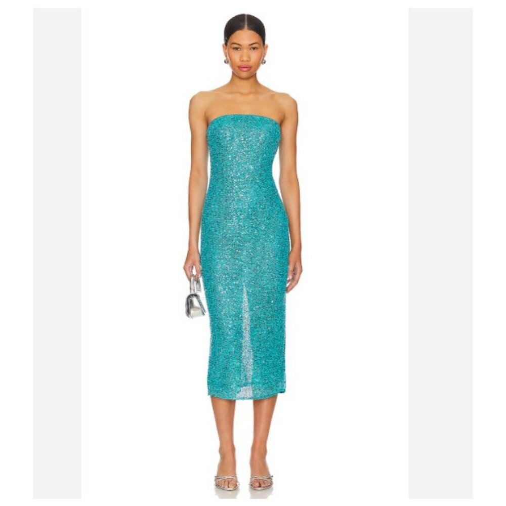 NBD Aine Dress Womens XS Blue Sequin Strapless Midi Bodycon Party Cocktail Eveni